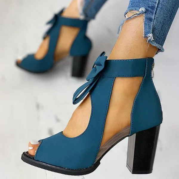 Sohiwoo Mesh Chunky Block Heels Bowknot Strappy Sandals