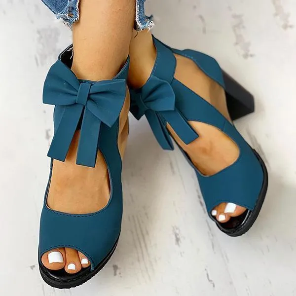 Sohiwoo Mesh Chunky Block Heels Bowknot Strappy Sandals