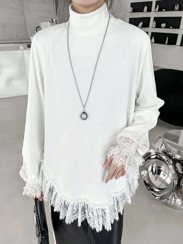 Solid Color Split-Joint Long Sleeves Loose High Neck T-Shirts Tops