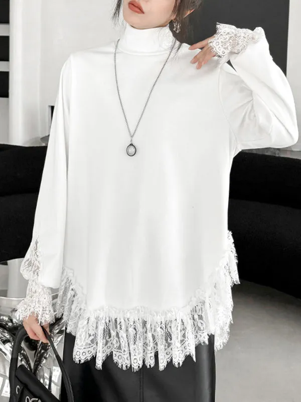 Solid Color Split-Joint Long Sleeves Loose High Neck T-Shirts Tops
