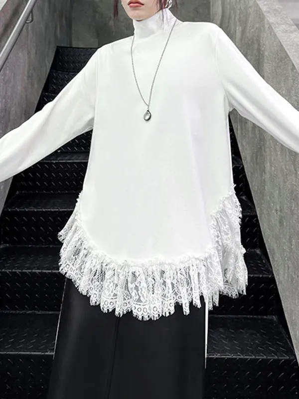 Solid Color Split-Joint Long Sleeves Loose High Neck T-Shirts Tops