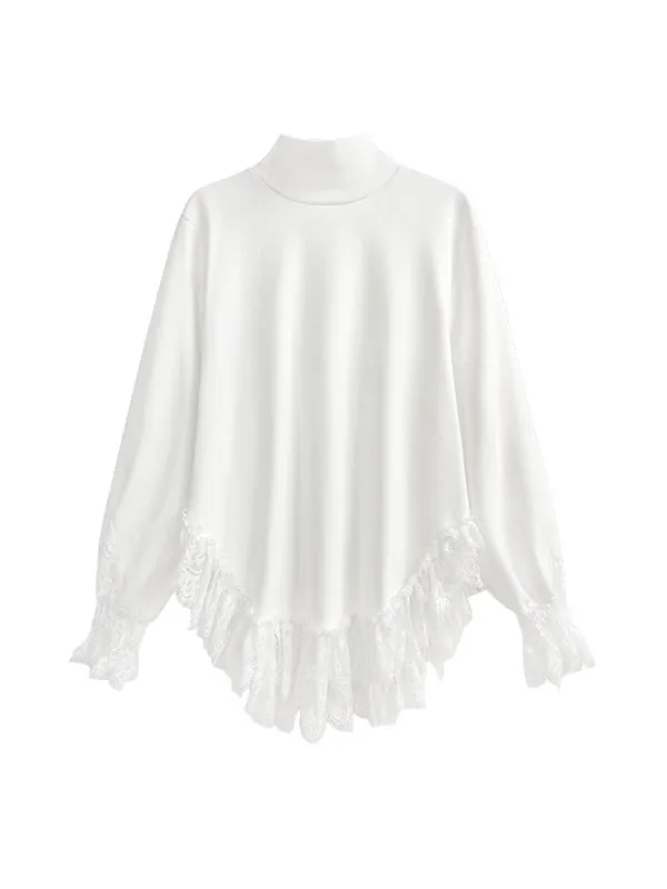 Solid Color Split-Joint Long Sleeves Loose High Neck T-Shirts Tops