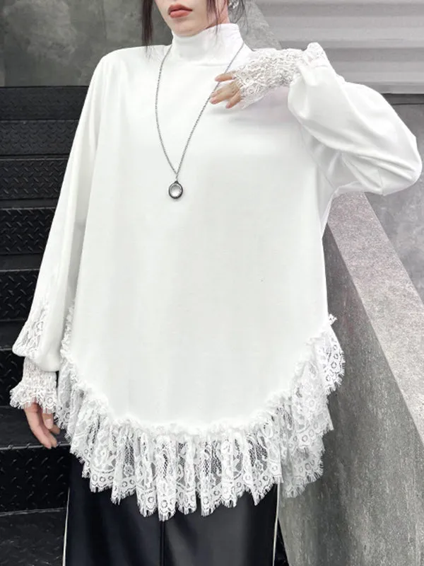 Solid Color Split-Joint Long Sleeves Loose High Neck T-Shirts Tops