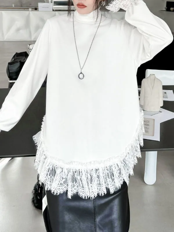Solid Color Split-Joint Long Sleeves Loose High Neck T-Shirts Tops