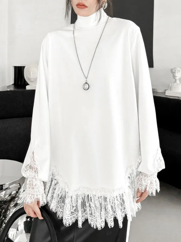 Solid Color Split-Joint Long Sleeves Loose High Neck T-Shirts Tops
