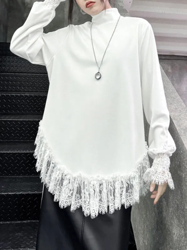 Solid Color Split-Joint Long Sleeves Loose High Neck T-Shirts Tops