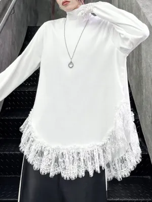 Solid Color Split-Joint Long Sleeves Loose High Neck T-Shirts Tops