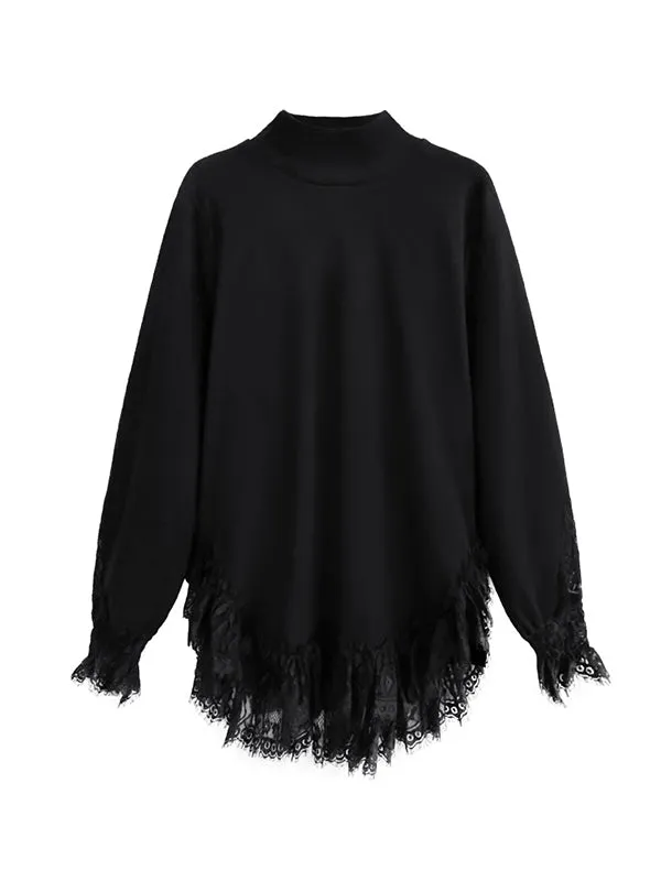 Solid Color Split-Joint Long Sleeves Loose High Neck T-Shirts Tops
