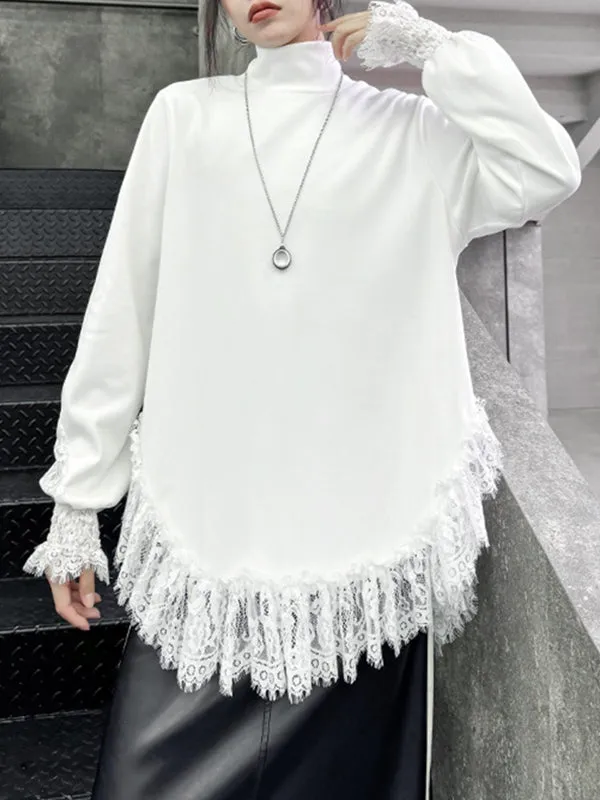 Solid Color Split-Joint Long Sleeves Loose High Neck T-Shirts Tops