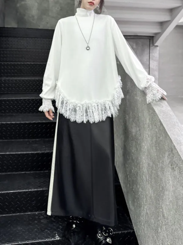 Solid Color Split-Joint Long Sleeves Loose High Neck T-Shirts Tops
