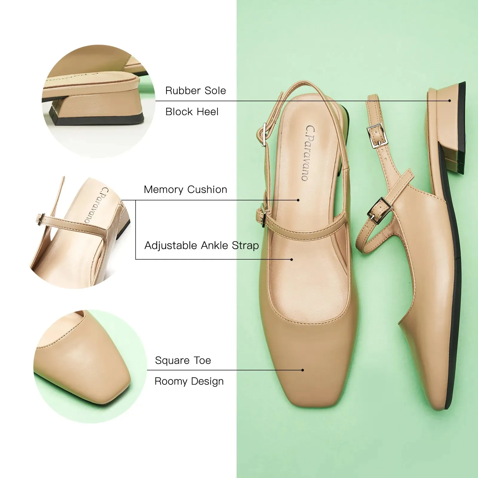 Square-Toe Sleek Slingback Flats (Felicia)