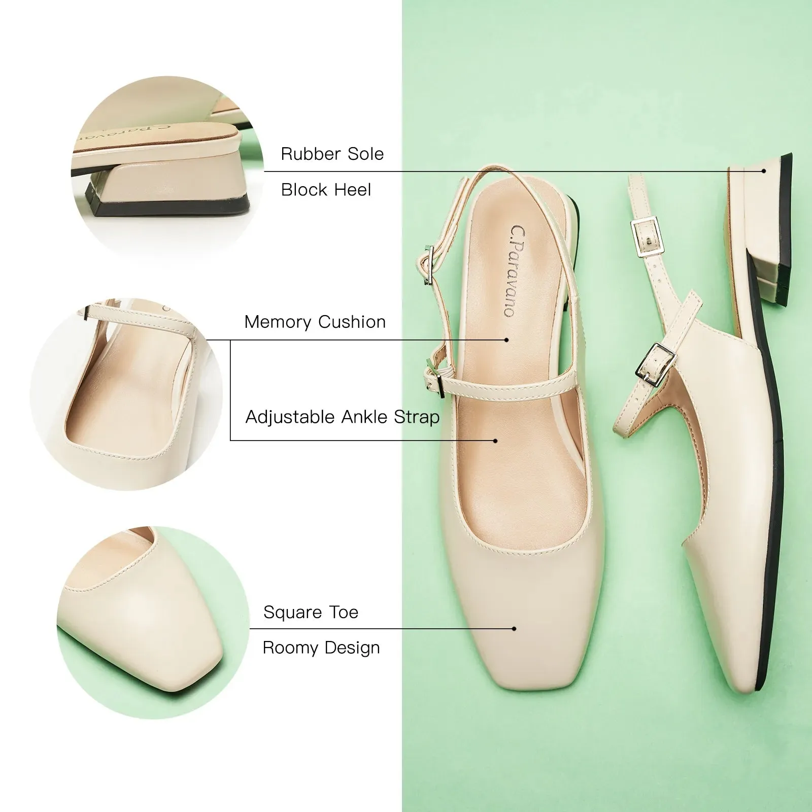 Square-Toe Sleek Slingback Flats (Felicia)