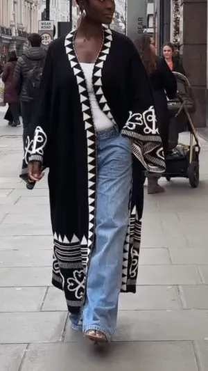 Stylish Black Long Printed Coat