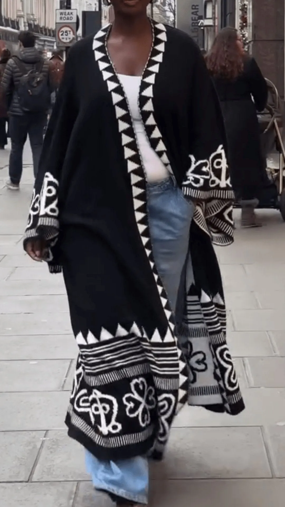 Stylish Black Long Printed Coat