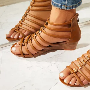 Women Gladiator Wedges Open Toe Cutout Ankle Strap Sandals