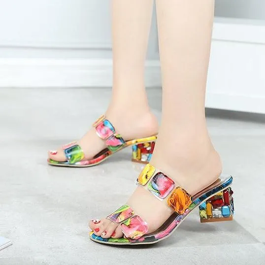 Women's colorful color block chunky peep toe mule sandals