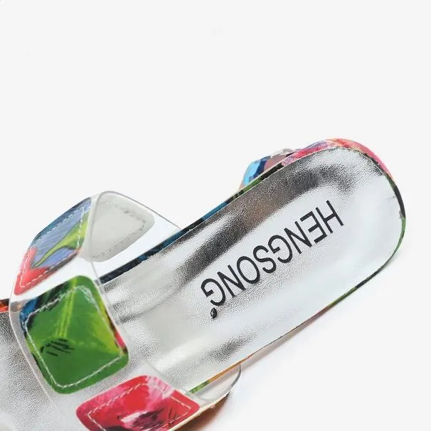 Women's colorful color block chunky peep toe mule sandals