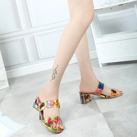 Women's colorful color block chunky peep toe mule sandals