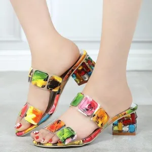 Women's colorful color block chunky peep toe mule sandals