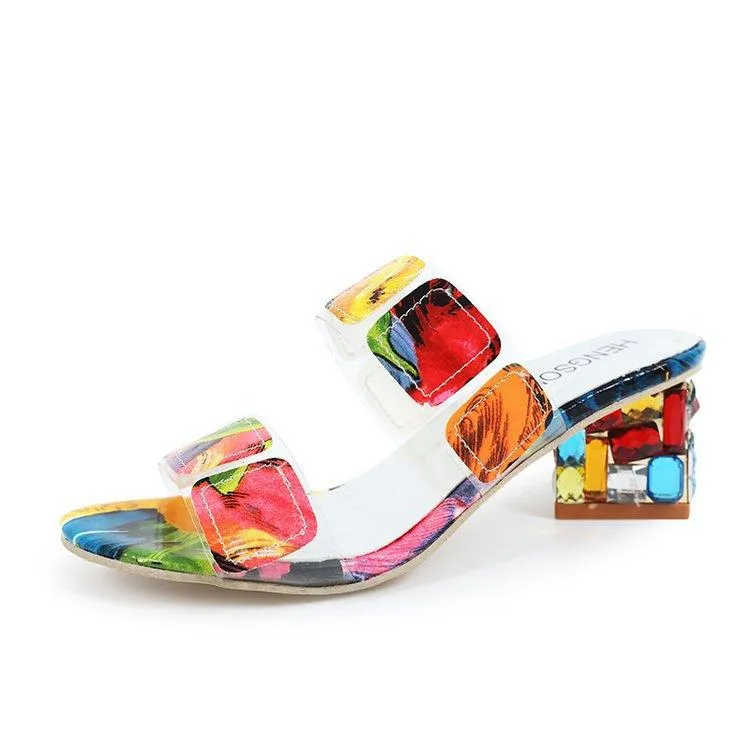 Women's colorful color block chunky peep toe mule sandals