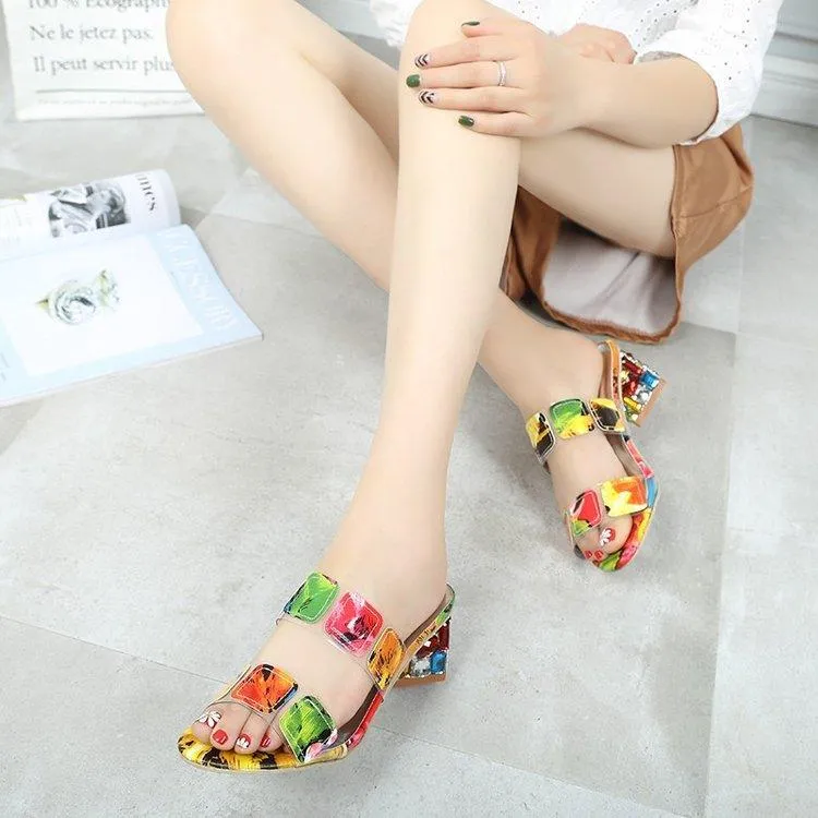 Women's colorful color block chunky peep toe mule sandals