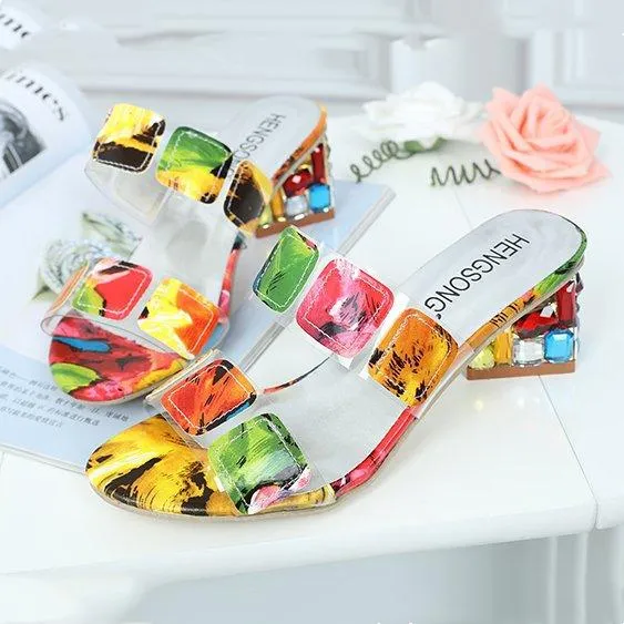 Women's colorful color block chunky peep toe mule sandals