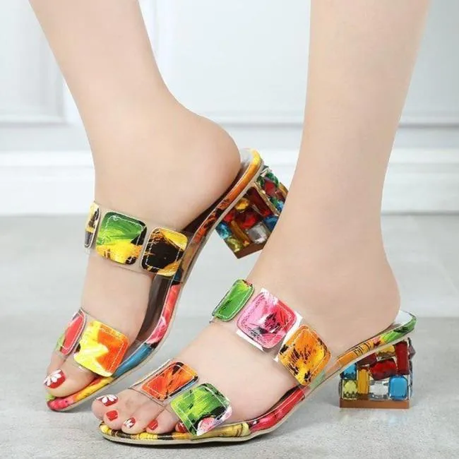 Women's colorful color block chunky peep toe mule sandals