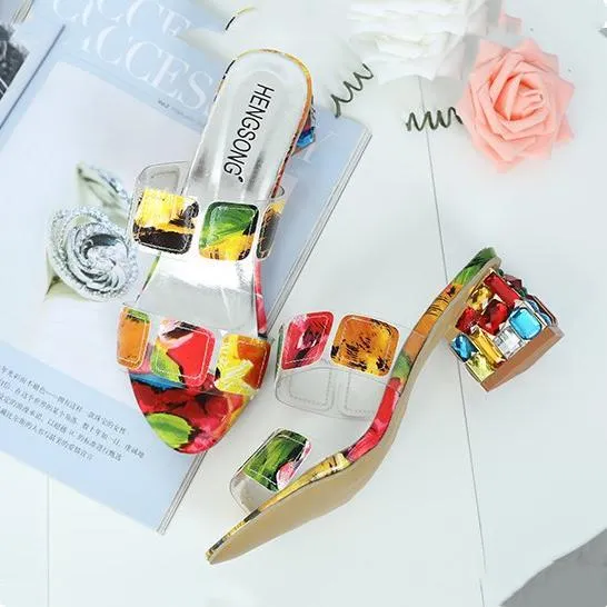 Women's colorful color block chunky peep toe mule sandals
