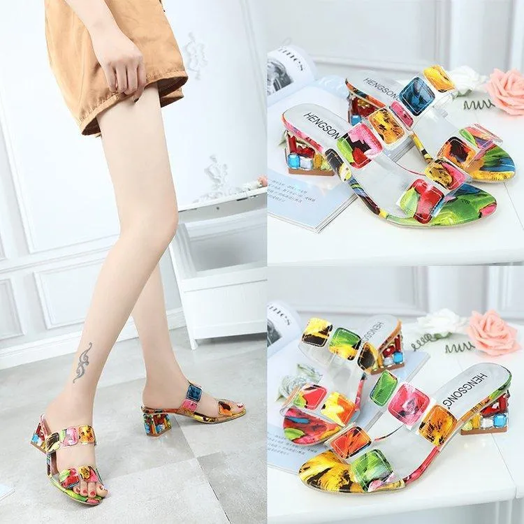 Women's colorful color block chunky peep toe mule sandals