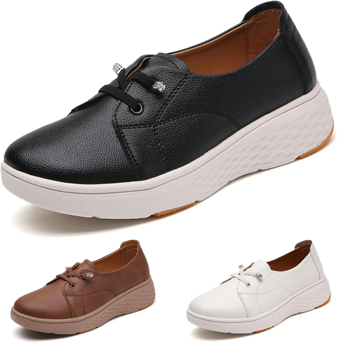 Women's Leather Platform Casual Walking Shoes Comfortable Round Toe Slip On Lightweight Non Slip Sneakers for Walking Workout Driving Loafers