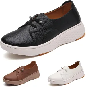 Women's Leather Platform Casual Walking Shoes Comfortable Round Toe Slip On Lightweight Non Slip Sneakers for Walking Workout Driving Loafers