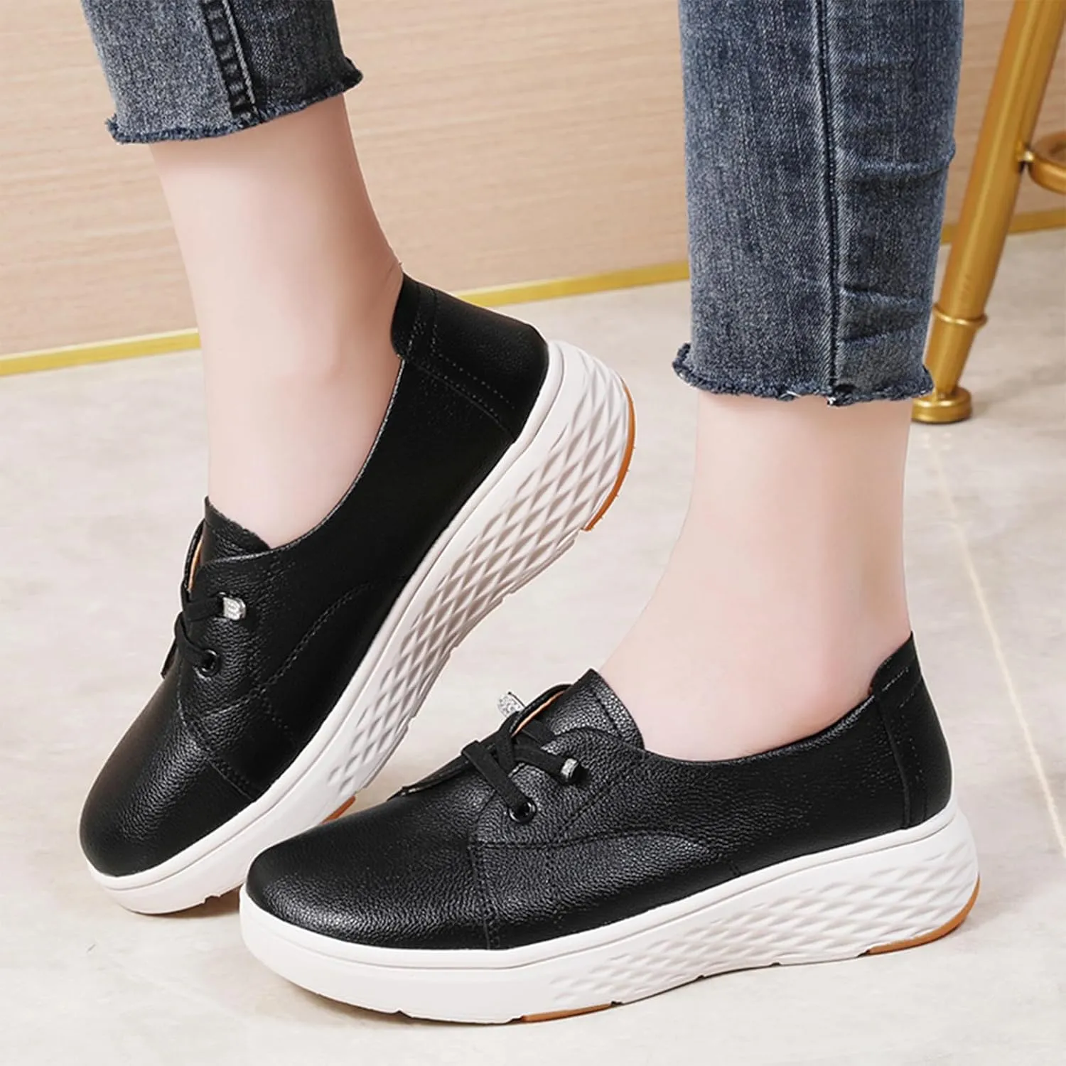 Women's Leather Platform Casual Walking Shoes Comfortable Round Toe Slip On Lightweight Non Slip Sneakers for Walking Workout Driving Loafers