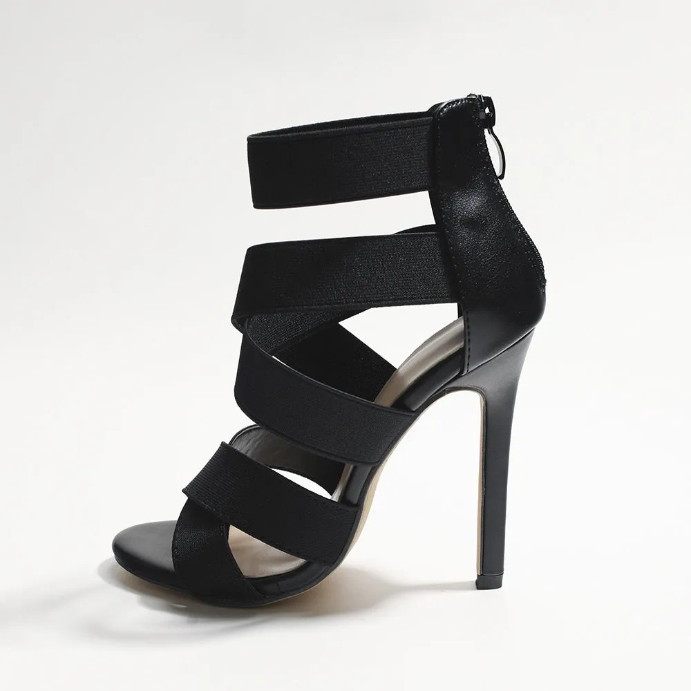 Women's sexy black peep toe criss cross strappy stiletto heels with back zipper