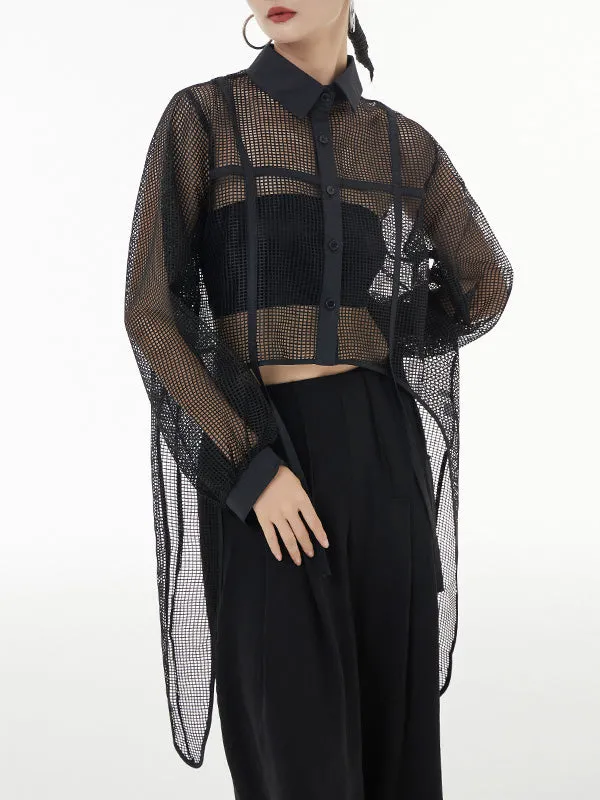xakxx Stylish Long Sleeves Loose Mesh See-Through Sun Protection Blouses&Shirts Tops