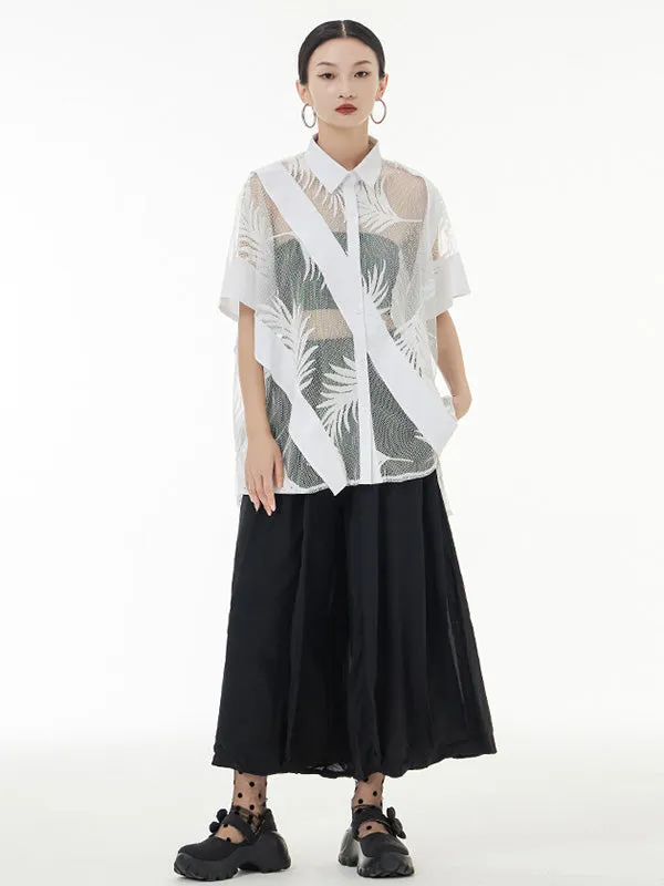 xakxx Stylish Loose Half Sleeves Buttoned Mesh Hollow See-Through Blouses&Shirts Tops