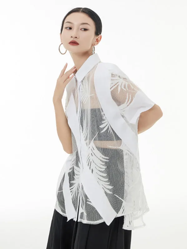 xakxx Stylish Loose Half Sleeves Buttoned Mesh Hollow See-Through Blouses&Shirts Tops