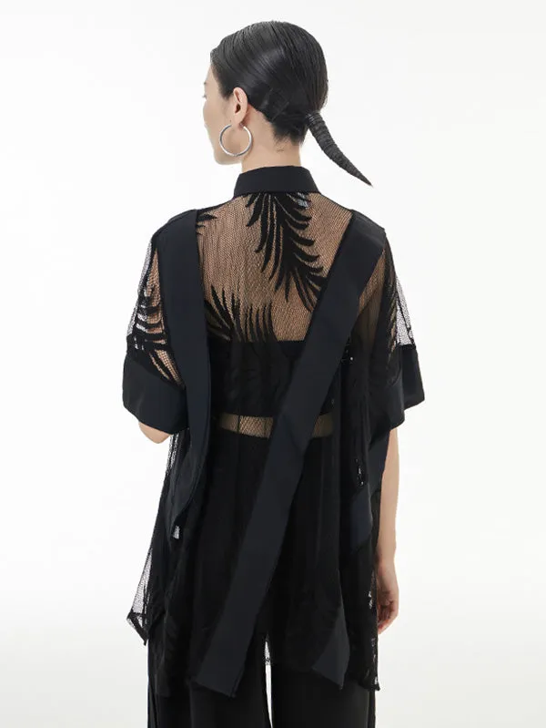 xakxx Stylish Loose Half Sleeves Buttoned Mesh Hollow See-Through Blouses&Shirts Tops